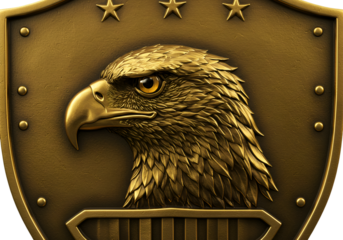 Realistic 3D Gold Eagle Emblem On Shield Badge Symbol Isolated Transparent