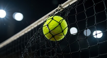 A tennis ball hits the net during a crucial point in a night match. Close-up shot with bright stadium lights creating a dramatic bokeh background.