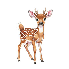 Fototapeta premium Cute baby deer fawn with spots standing and looking forward isolated on transparent background
