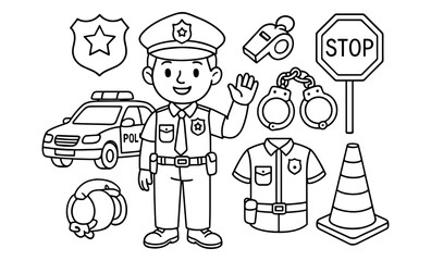 Obraz premium Friendly police officer with equipment in black and white line art style for kids