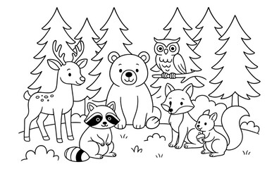 Fototapeta premium Forest animals coloring page with deer, bear, owl, and more in black and white
