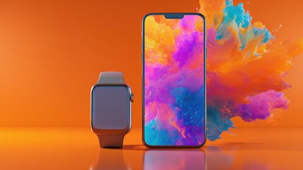 Modern Smartphone and Smartwatch Display with Vibrant Abstract Paint Splash Background