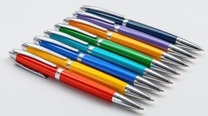 Fototapeta premium Colorful Pens Collection A Row of Bright Multicolored Ballpoint Pens with Silver Accents