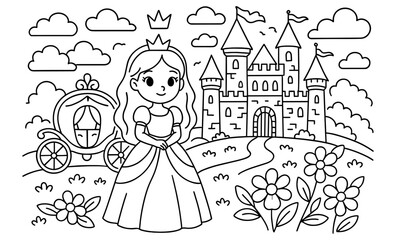 Fairytale princess coloring page with castle and carriage scene