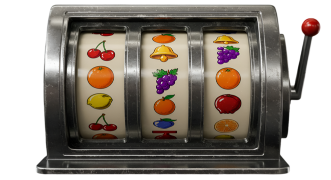Retro Slot Machine Illustration with Fruit Symbols on Transparent Background