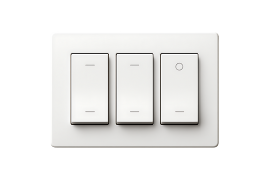 A modern, white triple-gang wall light switch with three simple rocker buttons in the off position, isolated on a clean white background