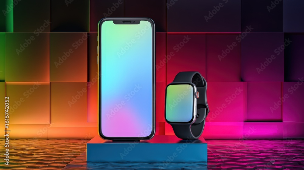 Poster modern smartphone and smartwatch displayed on a colorful platform a vibrant tech showcase