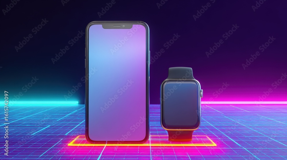 Poster smartwatch and smartphone mockup on neon grid background modern tech gadgets display