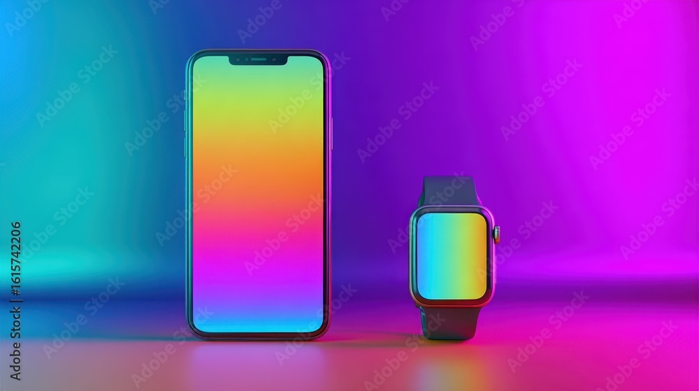 Poster smartphone and smartwatch mockup with vibrant rainbow gradient display on colorful background