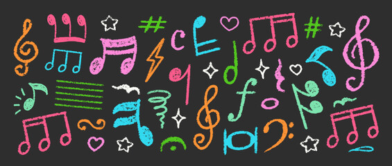 Crayon Musical Notes Vector Set. Chalk Scribble Music Symbol Shapes Collection. Pastel Colors Hand Drawn Brush Texture Treble Clefs. Pencil Emphasis Elements Charcoal Doodle Audio Icons Bundle