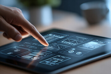 Person taps tablet displaying wireframes, blueprints. Illustrates design, planning, innovation. Ideal for tech, marketing, website use.