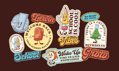Groovy Back to School Retro Stickers Set Cartoon Alarm Clock, Pencil, Globe, Book, Apple Labels Vector Education Mascot Sticker Templates. Happy Vintage Cool Learning Personage Illustrations Isolated