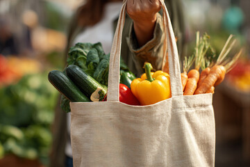 Woman holds tote bag with fresh vegetables. Promotes healthy eating, farmers market, eco-friendly lifestyle. Great for marketing, web use, editorial.