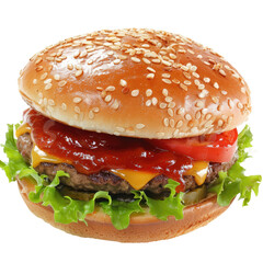 Close-up of a cheeseburger.  Golden sesame seed bun holds juicy patty, melted cheese, and vibrant tomato slices.  Red sauce and crisp lettuce add flavor and texture