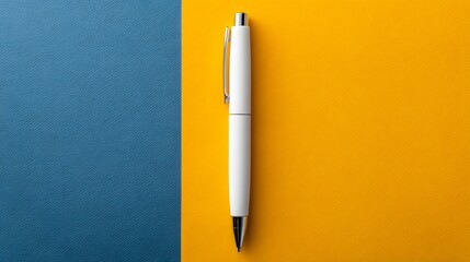 White pen positioned on a contrasting background of navy blue and mustard yellow.
