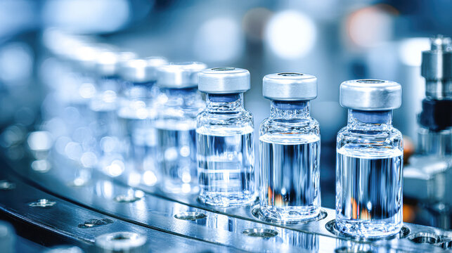 Clear glass vials filled with liquid, aligned on a conveyor belt in a sterile, high-tech pharmaceutical production environment.