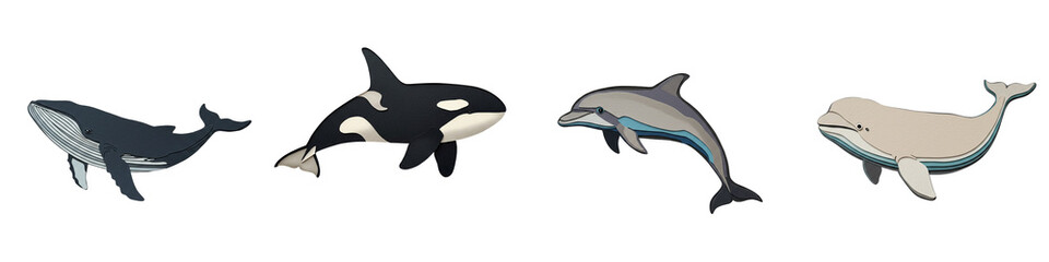 Naklejka premium Sea animals set with whale, orca, dolphin, beluga in paper cut applique style on white background