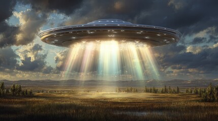 UFO over Rural Landscape Dramatic Sunset Scene Alien Spaceship Beams of Light Sci Fi Fantasy