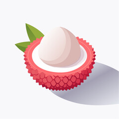Isometric illustration of a ripe lychee fruit with green leaves on a bright background