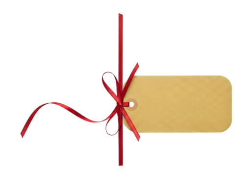 Elegant Beige Gift Tag with Red Ribbon Bow, Isolated on . transparent background