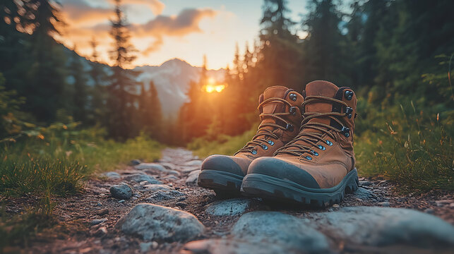 Pair of brown hiking boots on rocks on a trail at sunset, mountain background