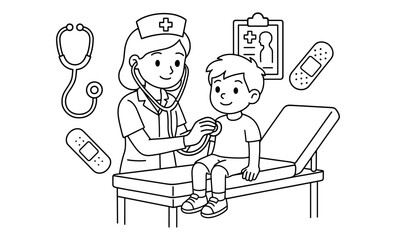 Friendly cartoon doctor conducts check-up for child with medical elements in outline style