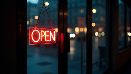 Glowing red neon open sign on a shop window with reflections of a blurry city street at night.