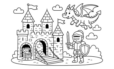 Obraz premium Medieval adventure: knight and dragon at castle in black and white cartoon style