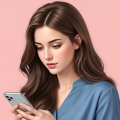 A young woman with long brown hair is holding a smartphone and looking down at the screen while wearing a blue shirt against a pink background