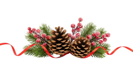 Festive Christmas arrangement: pine cones, frosted berries, fir branches, and red ribbon on ,  transparent background