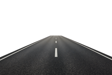 A straight and empty asphalt road with double yellow lines stretching into the distance and disappearing into a clean, isolated white background, symbolizing a journey or future path.
