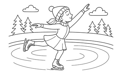 Joyful ice skating girl in winter landscape coloring page
