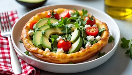 Delicious Savory Dutch Baby Pancake Topped With Fresh Avocado Cherry Tomatoes Arugula and Feta Cheese