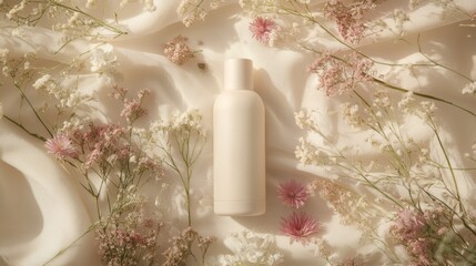 White bottle of facial cream in pastel flowers background