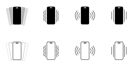 Phone vibration icon set featuring mobile device motion symbols in solid black and outline styles, ideal for UI, UX, app interfaces, notifications, and device status indicators