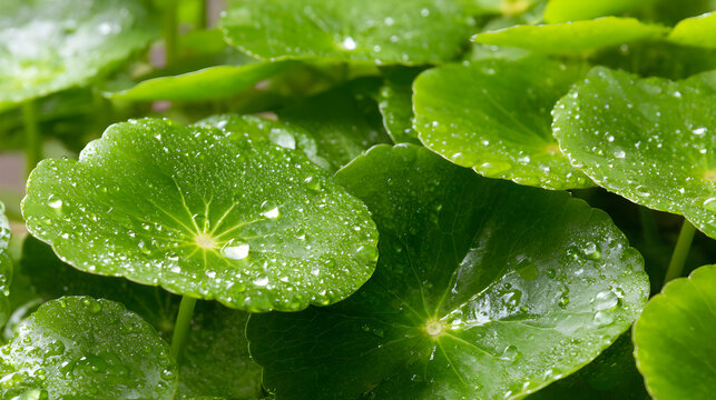 Centella asiatica greenery natural circular leaf cluster with detailed veins and dewdrops serving as a versatile clean backdrop for branding templates packaging and mockups