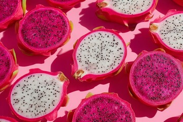Colorful dragon fruit halves with red and white pulp, on a bright pink background, showcasing vibrant tropical colors.