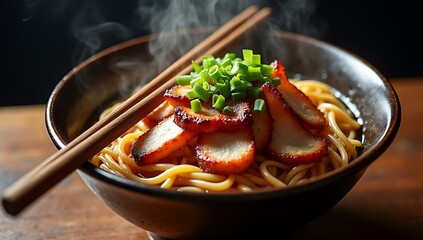 Delicious Hot Bowl of Savory Pork Noodles Topped with Fresh Green Onions Steam Rising from the Meal