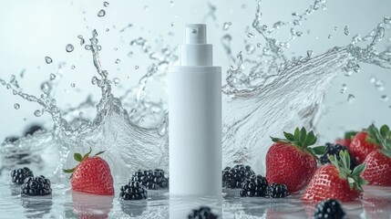 white empty bottle cosmetic with berries and water splashes