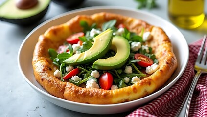 Savory Dutch Baby Pancake Topped with Fresh Avocado Arugula and Cherry Tomatoes a Delightful Breakfast or Brunch Option