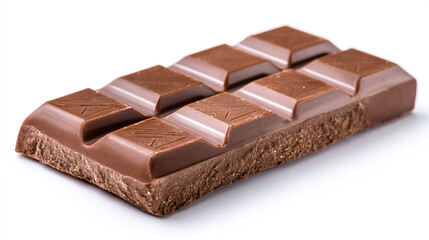 A close up view of a bar of milk chocolate with square segments on a white surface
