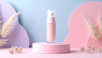 Elegant Beauty Product Display with Soft Pastel Background and Natural Elements for Modern Skincare Advertising