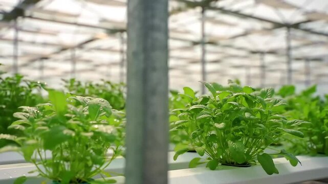 Lush green plants grow in rows inside a bright, modern greenhouse structure, focusing on growth
