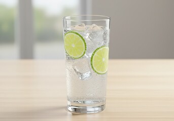 Clear glass filled with ice cubes and lime slices on a light wooden surface in front of a window