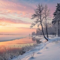 Serene winter wonderland landscape with pastel sky reflecting on tranquil river at sunrise