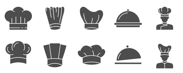Kitchen hat solid icon set featuring chef toque designs, cooking uniform elements, and food dome symbols for culinary themes, restaurant branding, and food service design