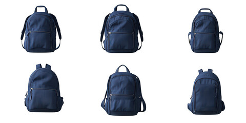 Various navy backpacks displayed on transparent png background