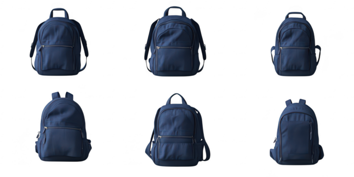 Various navy backpacks displayed on transparent png background