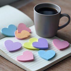 Heart shaped sticky notes and coffee cup on book isolated on white background