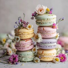 Pastel macaron tower decorated with fresh flowers isolated on white background